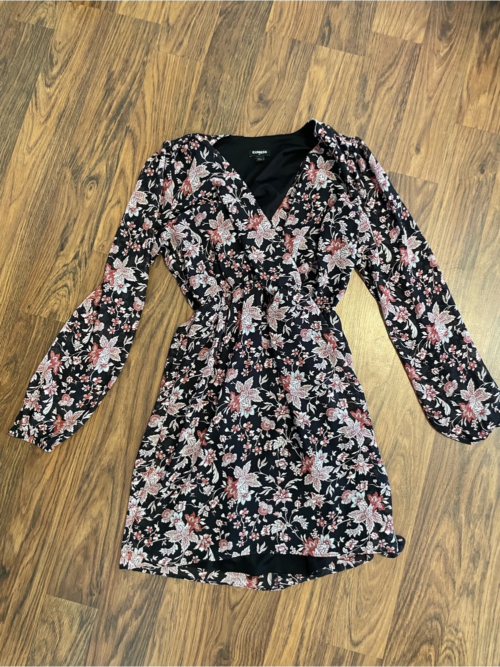 Express Black Floral Long-Sleeve Wrap Dress with Flower Pattern